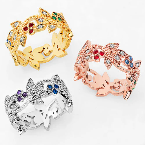 14K Rose Gold Plated Family Birthstone with Clear Leaves Band Ring - Image 4