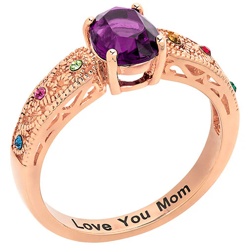 14K Rose Gold Plated Filigree Oval Family Birthstone Ring - Image 2