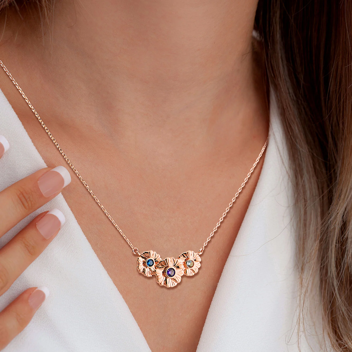 14K Rose Gold Plated Flower Birthstone Necklace - 1 to 5 stones - Image 6