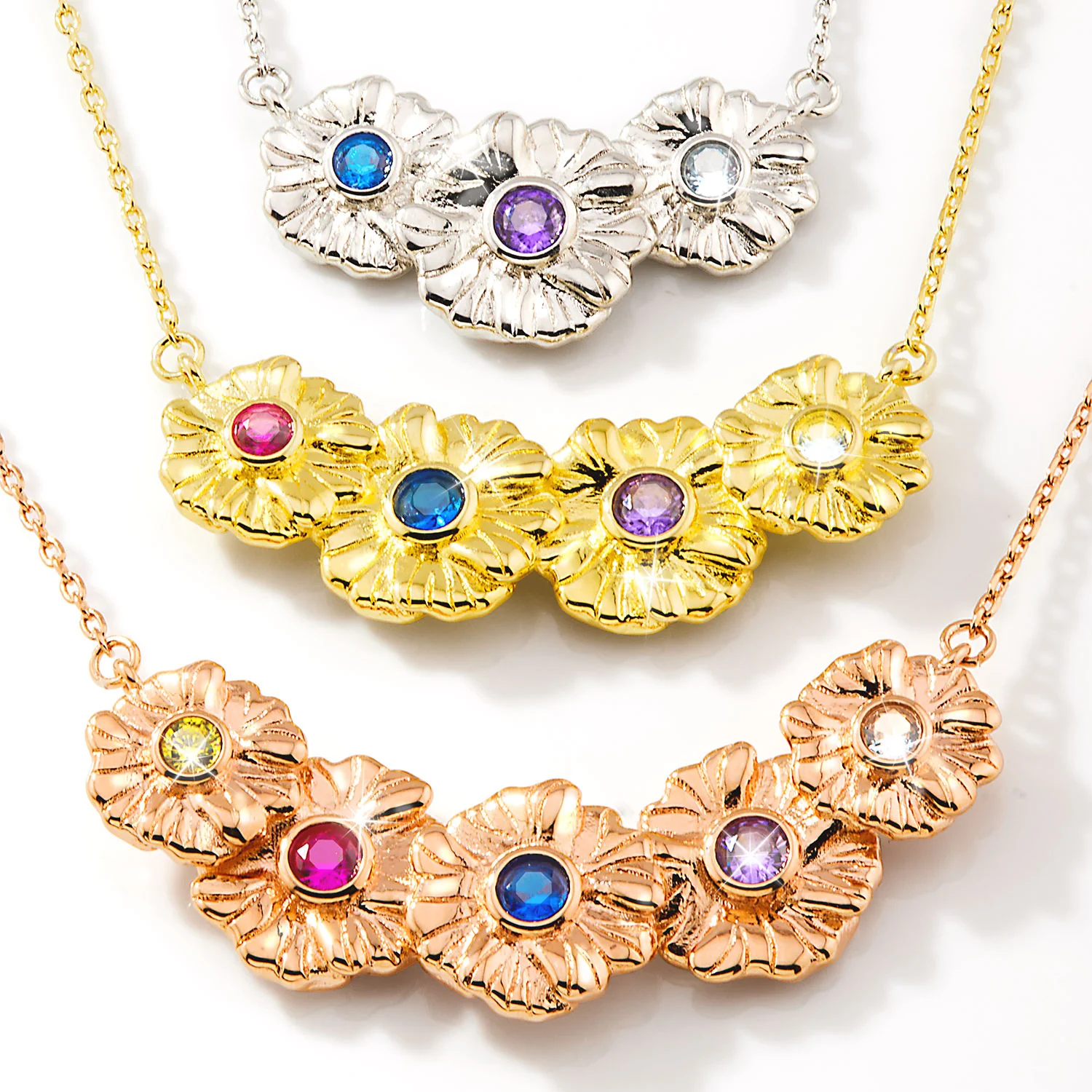 14K Rose Gold Plated Flower Birthstone Necklace - 1 to 5 stones - Image 9