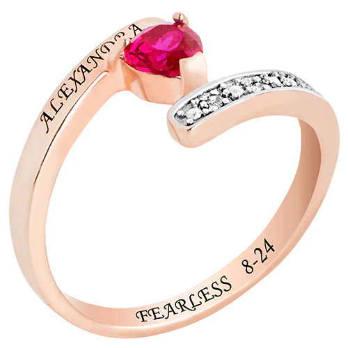 14K Rose Gold Plated Heart Birthstone Bypass Diamond Accent Class Ring - Image 2