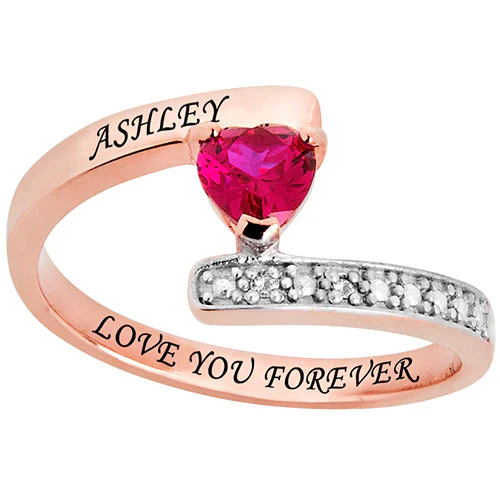14K Rose Gold Plated Heart Birthstone Bypass Diamond Accent Ring