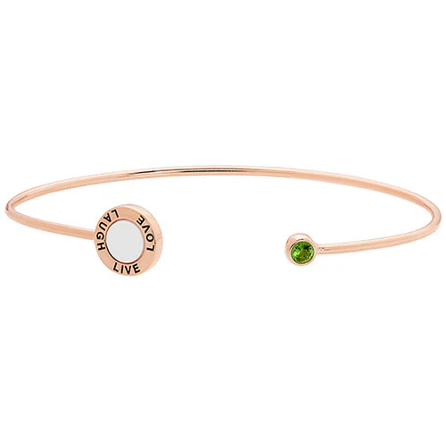 14K Rose Gold Plated Mother of Pearl and Birthstone 'Live, Love, Laugh' Engraved Flexible Bracelet