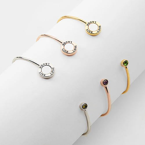14K Rose Gold Plated Mother of Pearl and Birthstone 'Live, Love, Laugh' Engraved Flexible Bracelet - Image 6
