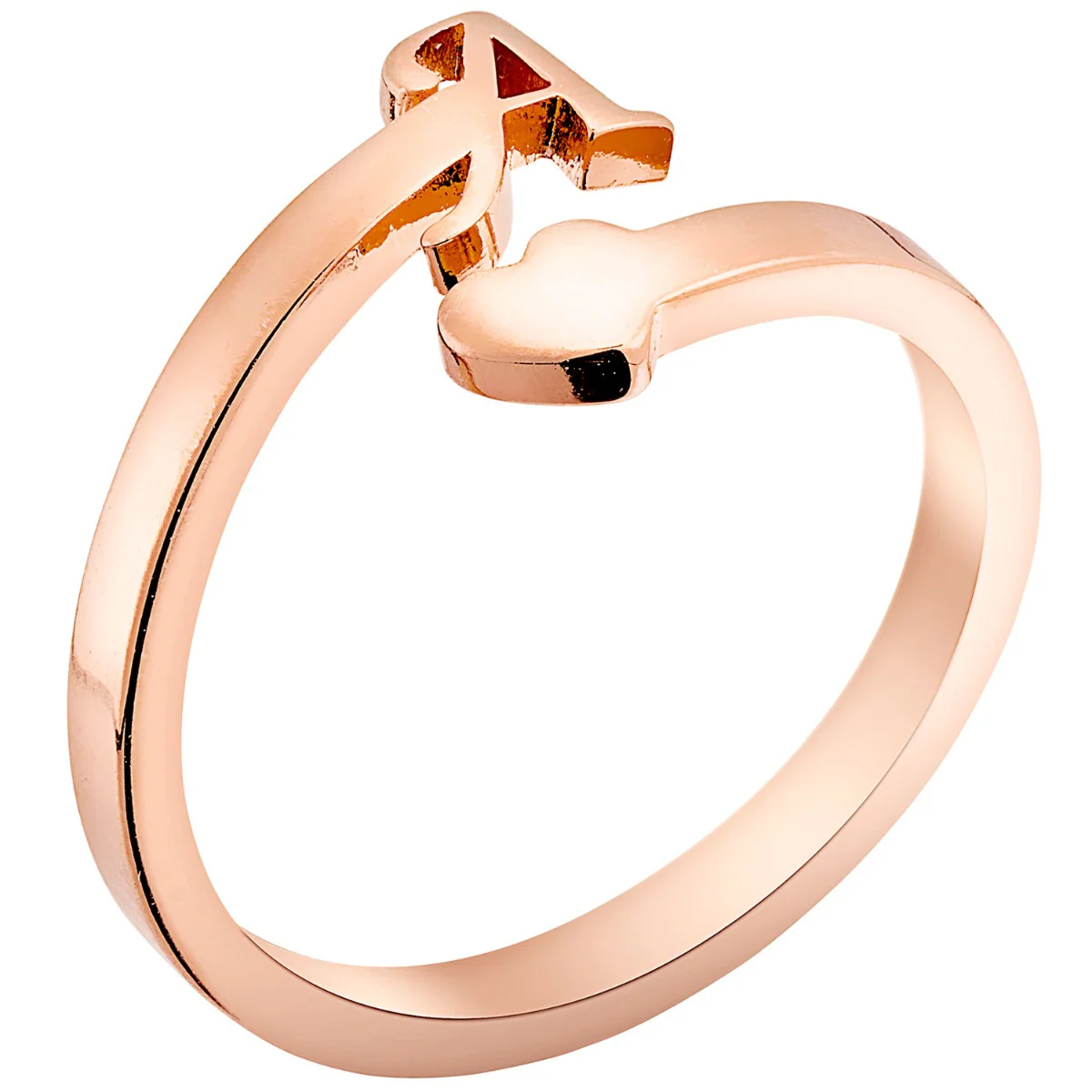 14K Rose Gold Plated Script Initial and Heart Bypass Ring - Image 2