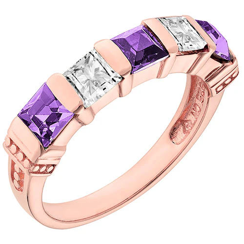 14K Rose Gold Plated Simulated Amethyst and Clear Crystal 5 Stone Ring - Image 2