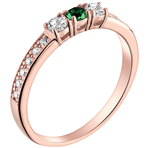 14K Rose Gold Plated Simulated Emerald and Clear Crystal 3-Stone Ring - Image 2