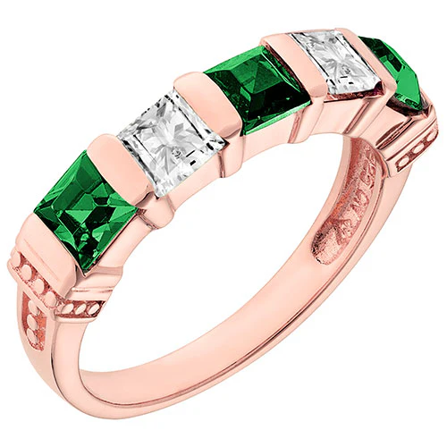 14K Rose Gold Plated Simulated Emerald and Clear Crystal 5 Stone Ring - Image 2