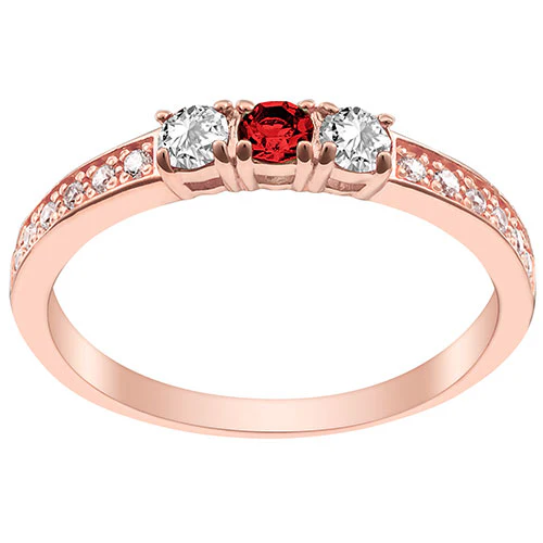 14K Rose Gold Plated Simulated Garnet and Clear Crystal 3-Stone Ring