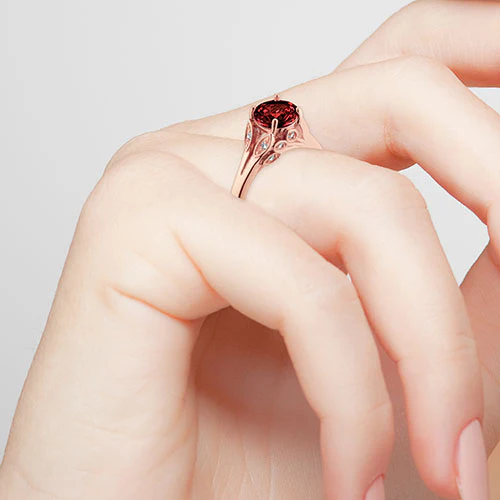 14K Rose Gold Plated Simulated Garnet with Clear Crystal Leaves Ring - Image 3