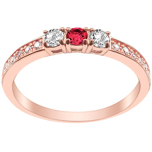 14K Rose Gold Plated Simulated Ruby and Clear Crystal 3-Stone Ring