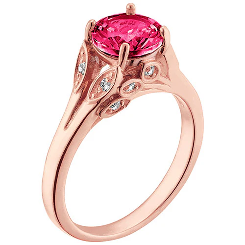 14K Rose Gold Plated Simulated Ruby with Clear Crystal Leaves Ring - Image 2