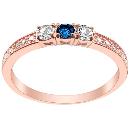 14K Rose Gold Plated Simulated Sapphire and Clear Crystal 3-Stone Ring