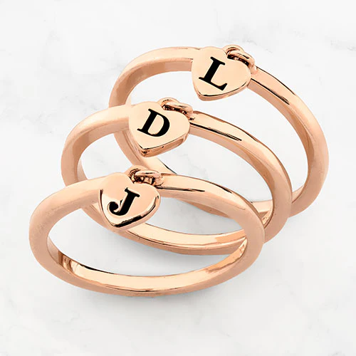 14K Rose Gold Plated Stackable Initial Heart Charm Ring - Set of 3