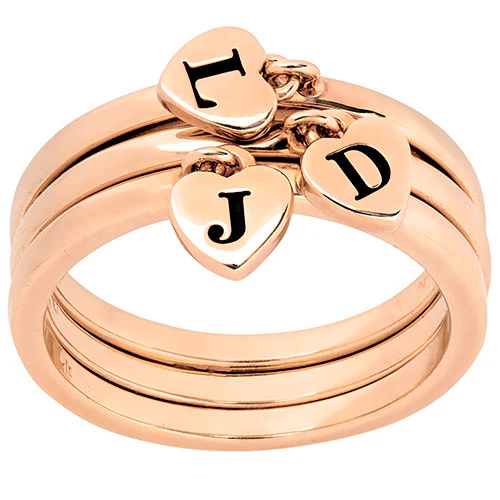 14K Rose Gold Plated Stackable Initial Heart Charm Ring - Set of 3 - Image 2