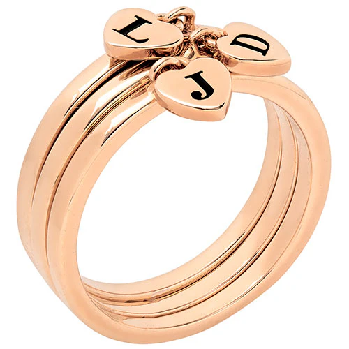 14K Rose Gold Plated Stackable Initial Heart Charm Ring - Set of 3 - Image 3