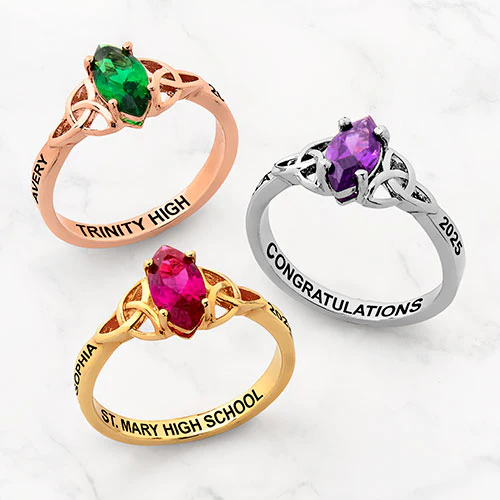 14K Rose Gold Plated Trinity Marquise Birthstone Class Ring - Image 4