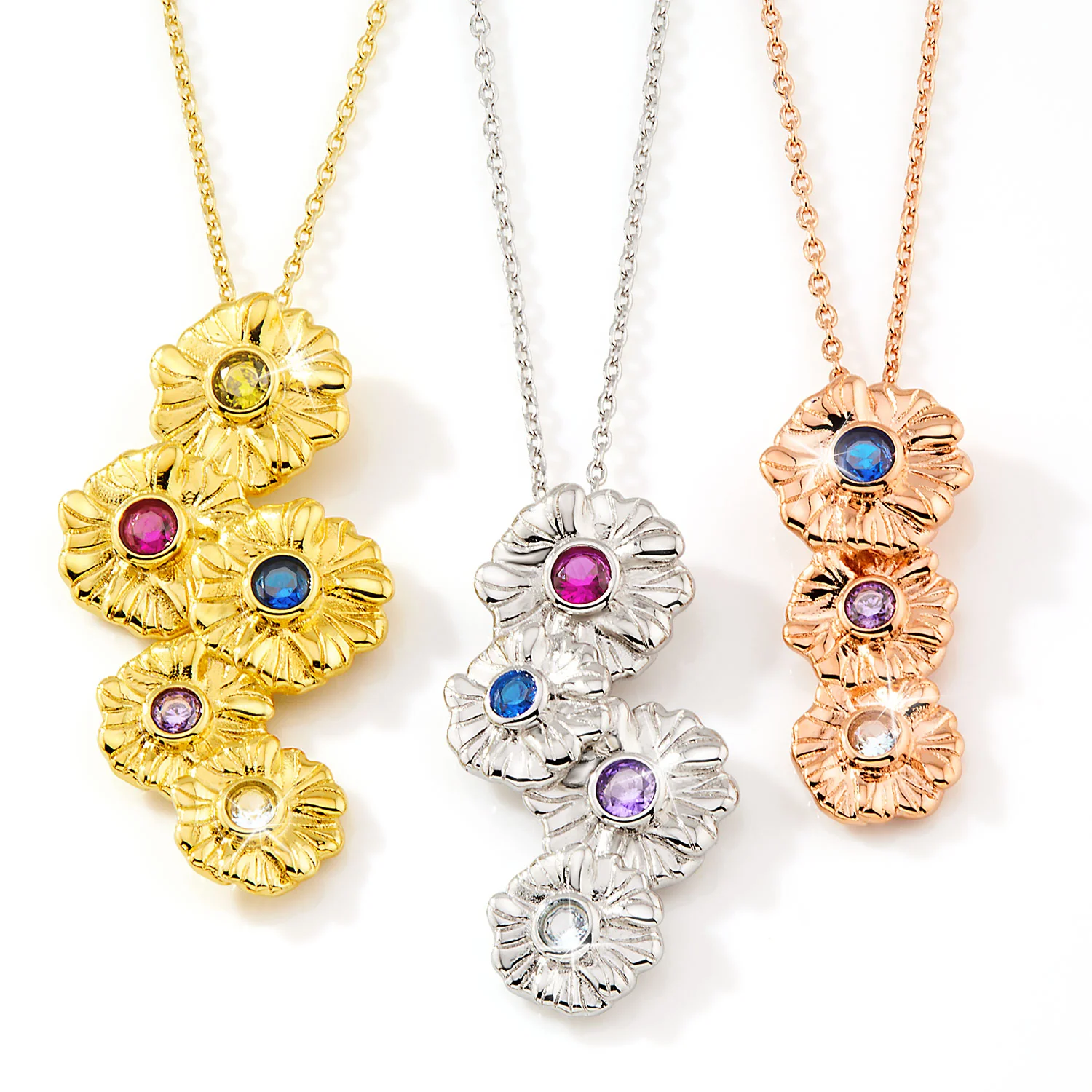 14K Rose Gold Plated Vertical Flower Birthstone Necklace - 1 to 5 stones - Image 9