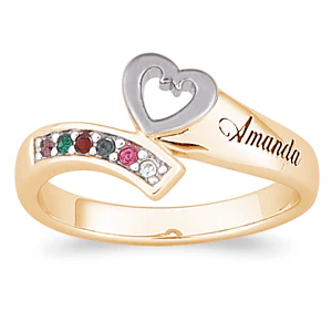 18K Gold over Sterling Heart Birthstone & Family Name Ring