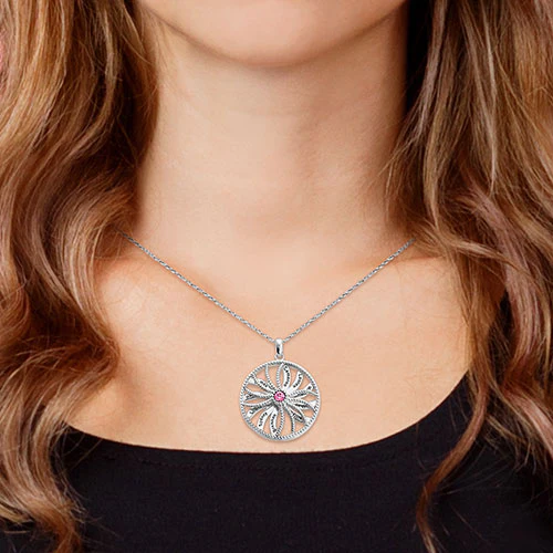 3-D Engraved Starburst with Birthstone Spinner Necklace - Image 11