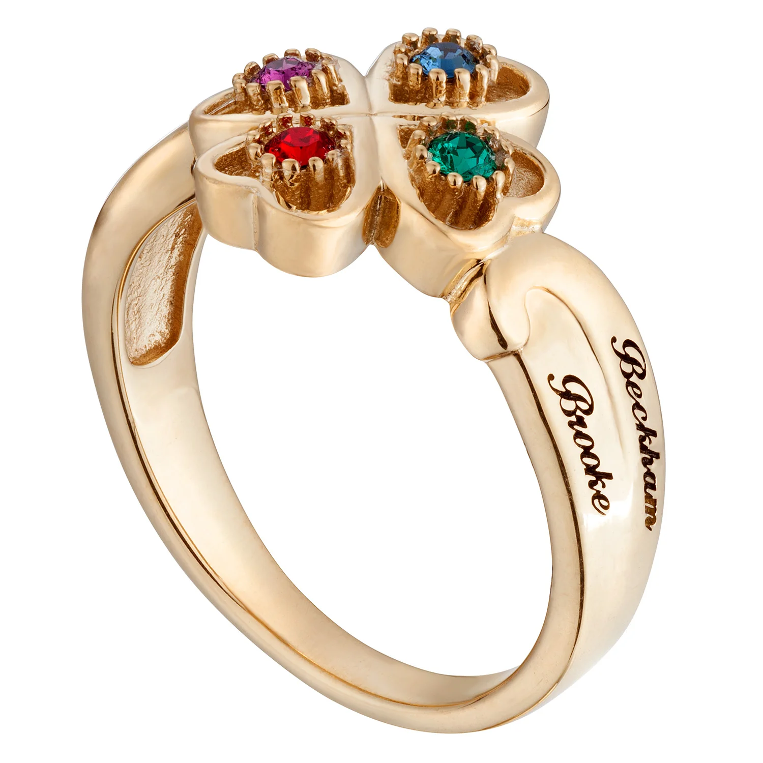 4 Leaf Clover Hearts Birthstones and Engraved Names Ring - Image 3