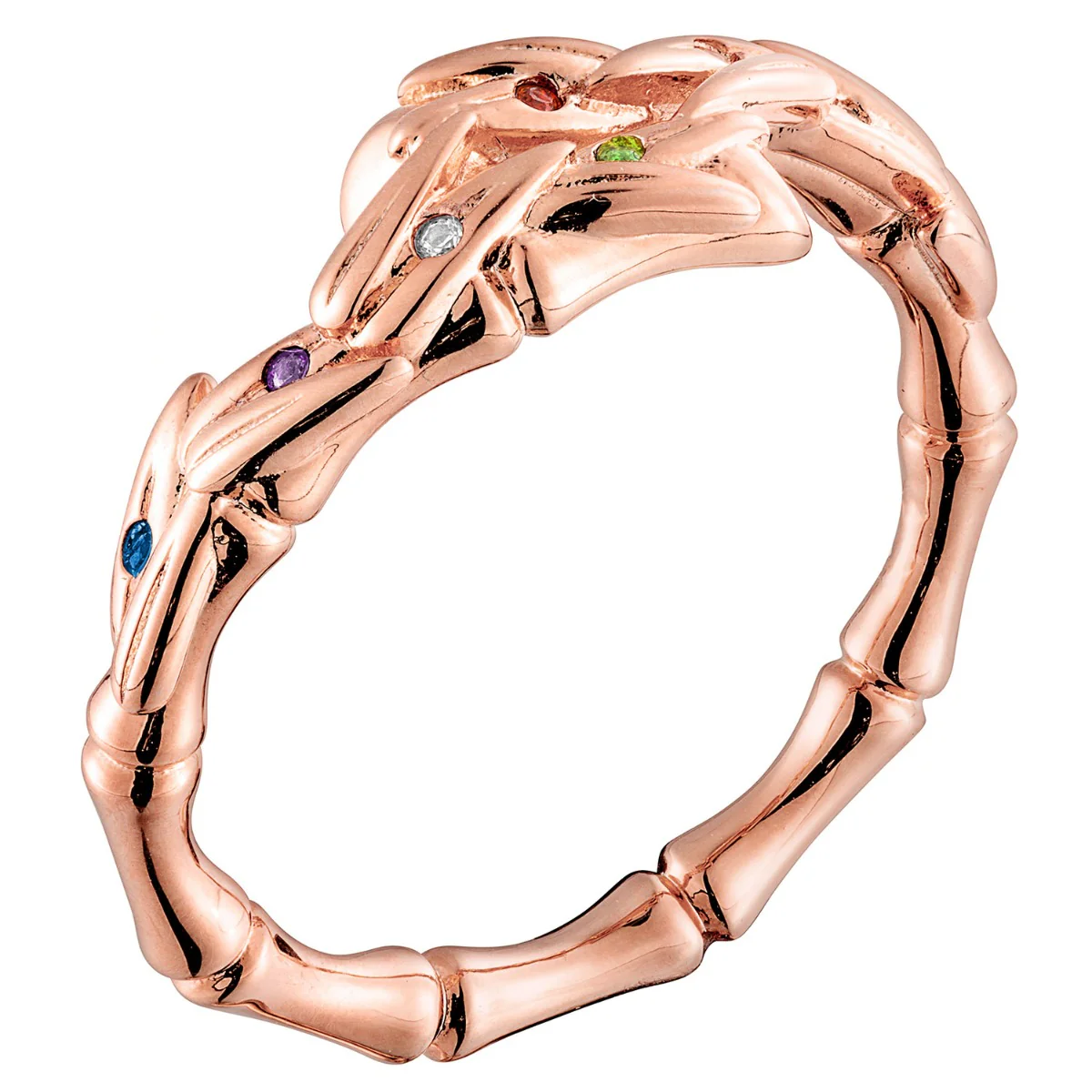 Bamboo with Birthstones Bypass Ring Rose Gold Plated - Image 2