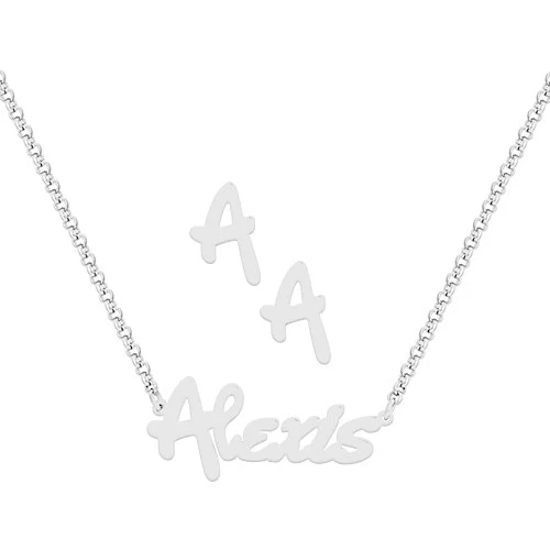 Bold Script Name Necklace and Initial Earring Set - Image 2