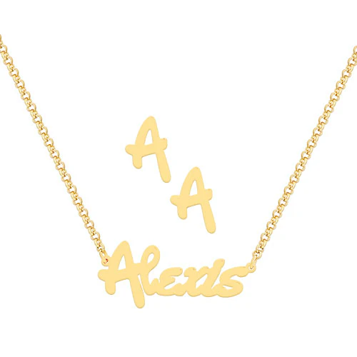 Bold Script Name Necklace and Initial Earring Set - Image 5
