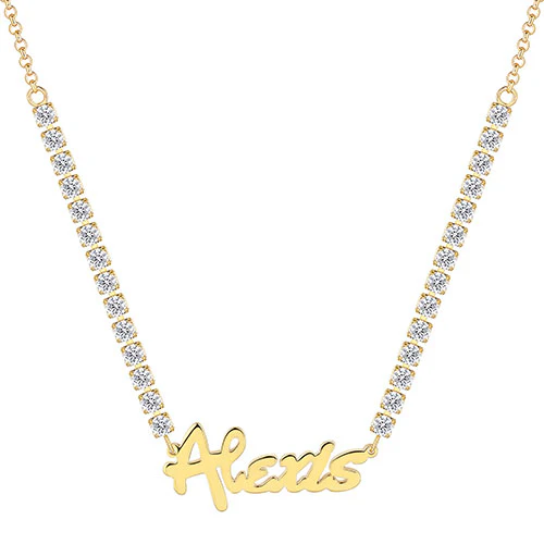 Bold Script Name Plaque CZ Chain Necklace - Image 4