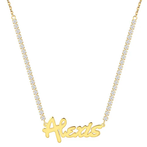 Bold Script Name Plaque CZ Chain Necklace - Image 3