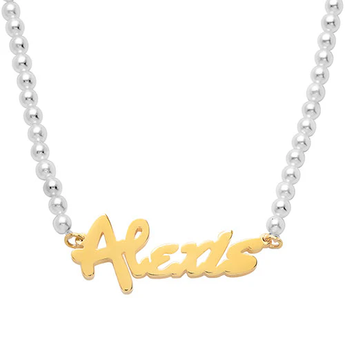 Bold Script Name Shell Pearl Necklace - Image 3