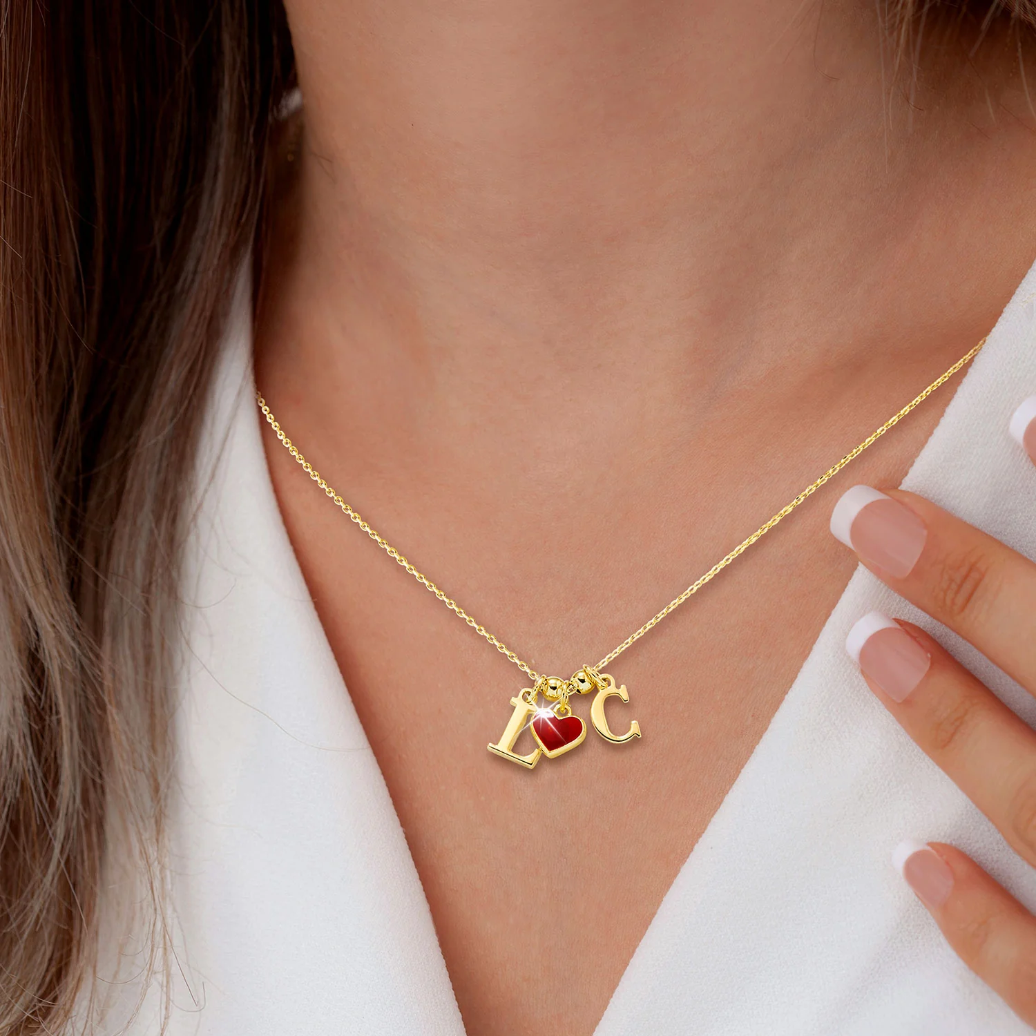 Couple's Initial and Enamel Heart Charm Cluster Necklace - Image 3