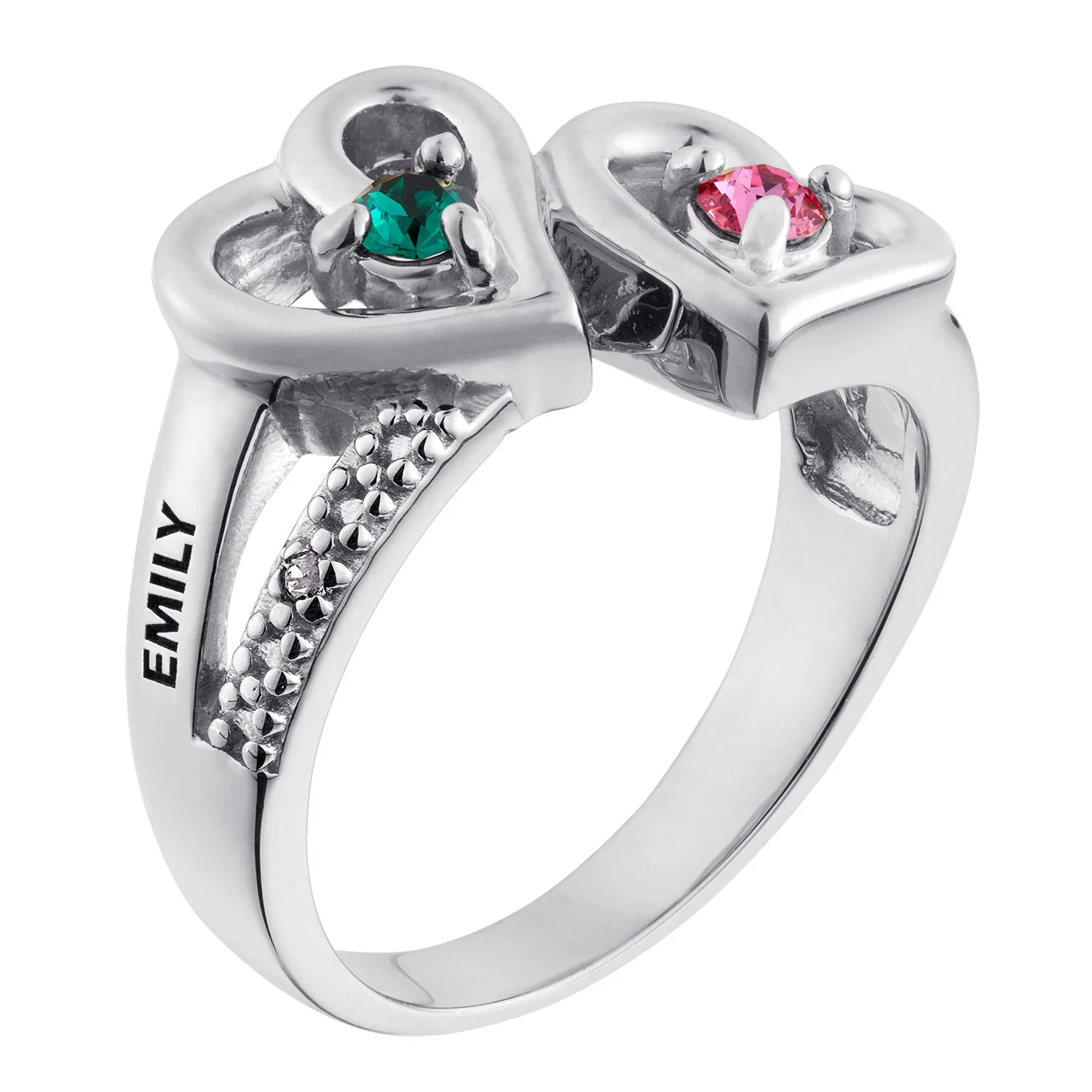 Couples Name and Birthstone Hearts Ring with Diamond Accent - Image 2