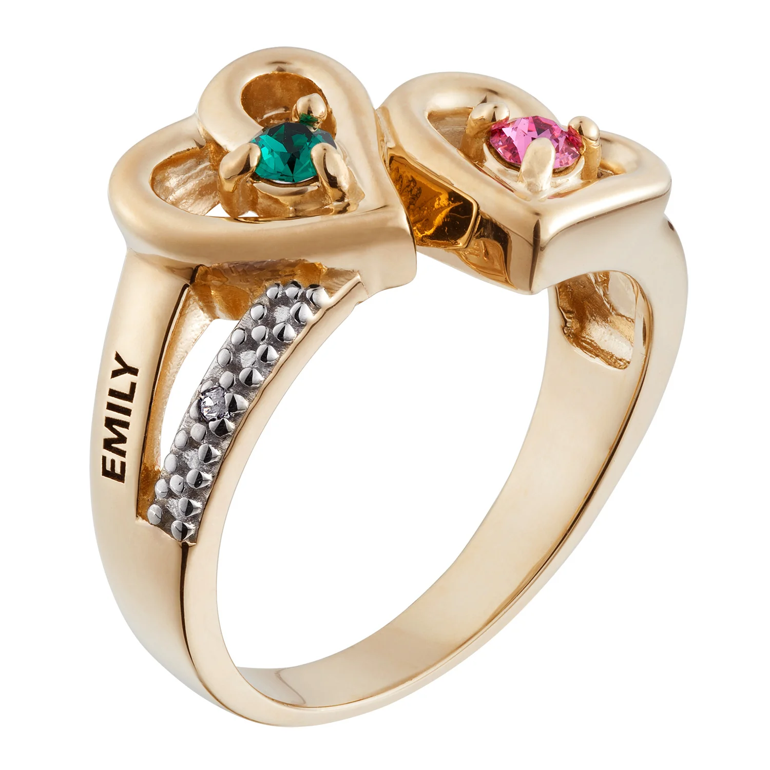 Couples Name and Birthstone Hearts Ring with Diamond Accent - Image 2