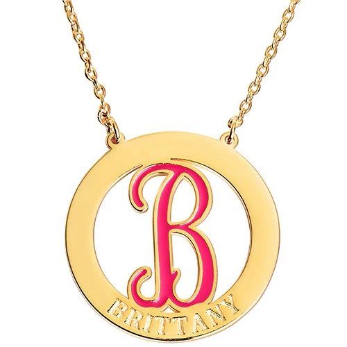 Enamel Initial and Engraved Name Disc Necklace - Image 4