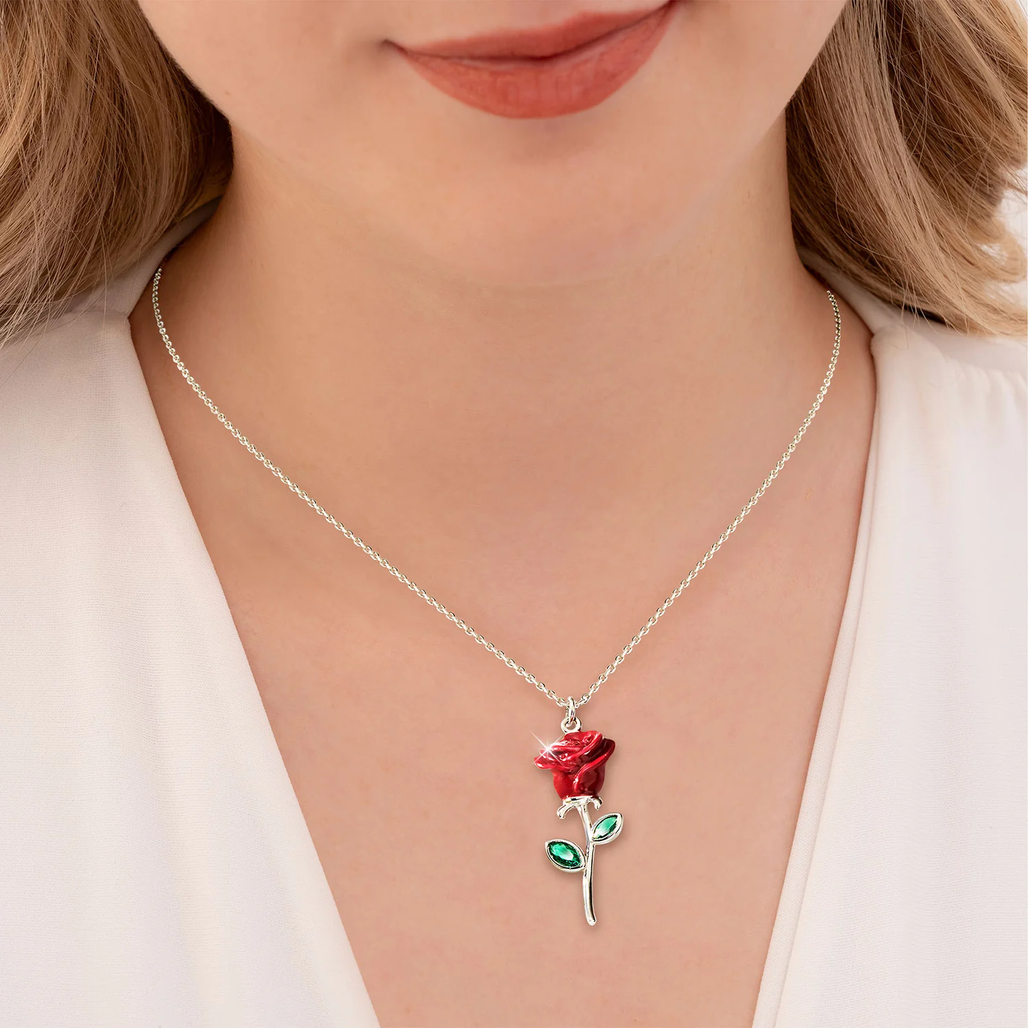 Enamel Rose with Birthstone Leaves Necklace - Image 3
