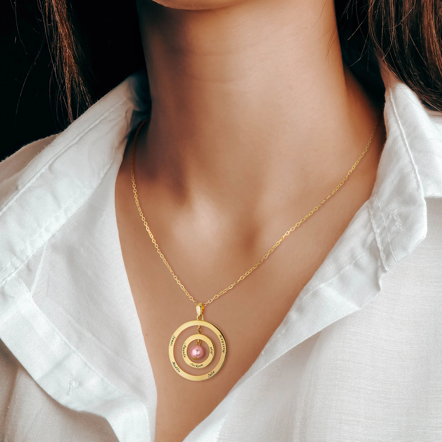 Engraved Concnetric Circles Pendant with Birthstone Pearl - Image 3
