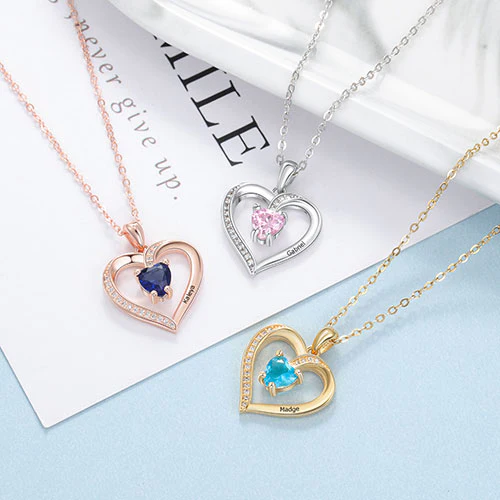 Engraved CZ Heart with Birthstone Necklace
