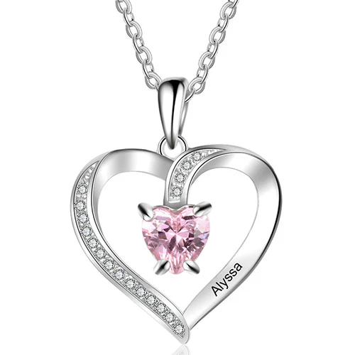 Engraved CZ Heart with Birthstone Necklace - Image 2