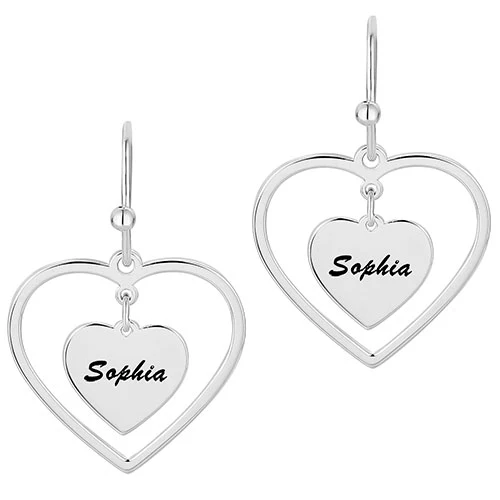 Engraved Double Heart Drop Earrings - Image 2