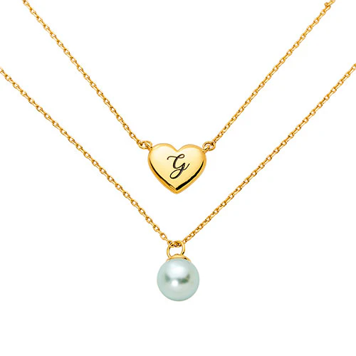 Engraved Heart and Birthstone Pearl Layered Necklace - Image 4