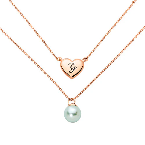 Engraved Heart and Birthstone Pearl Layered Necklace - Image 6