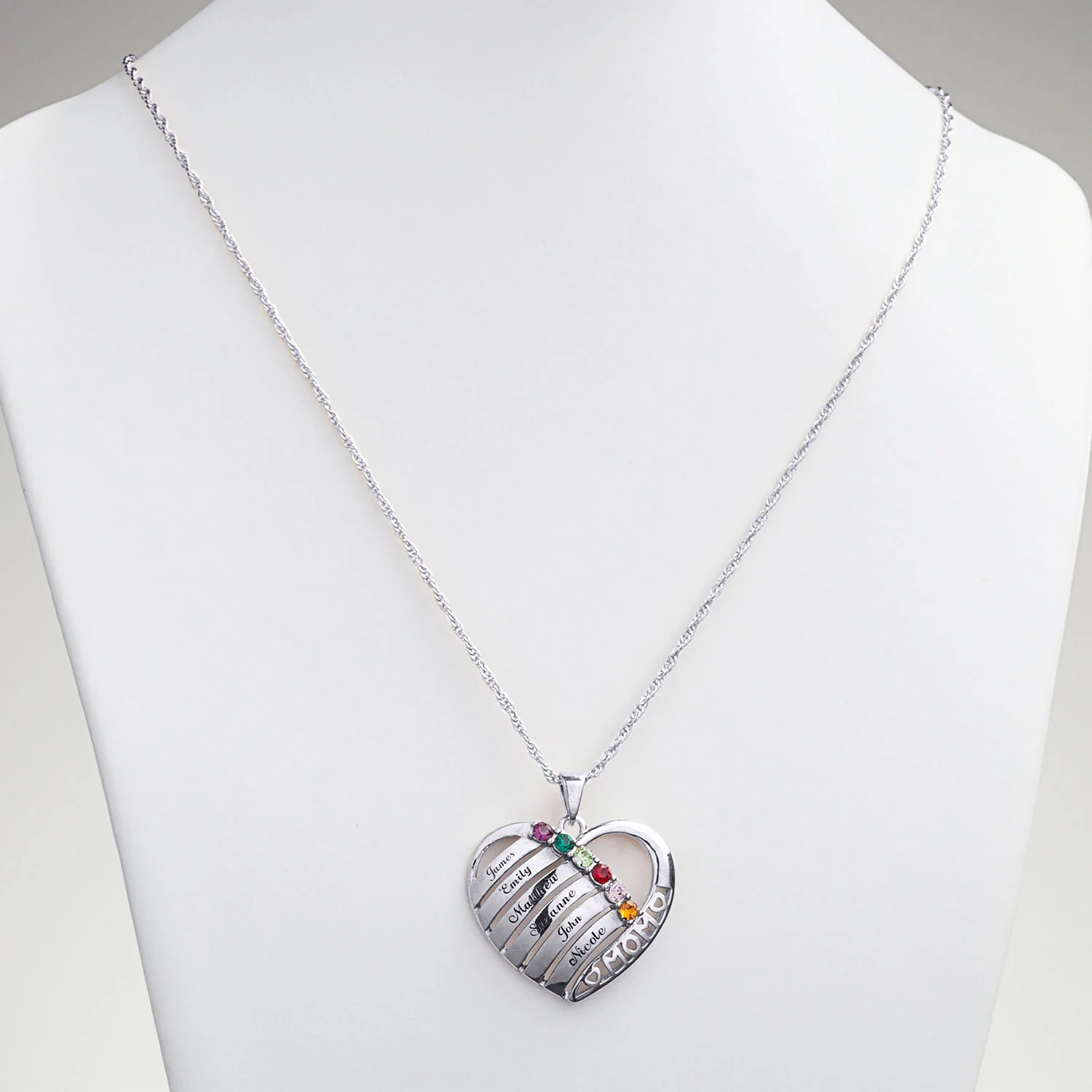 Engraved Heart Family Birthstone Necklace for Mom - Image 2