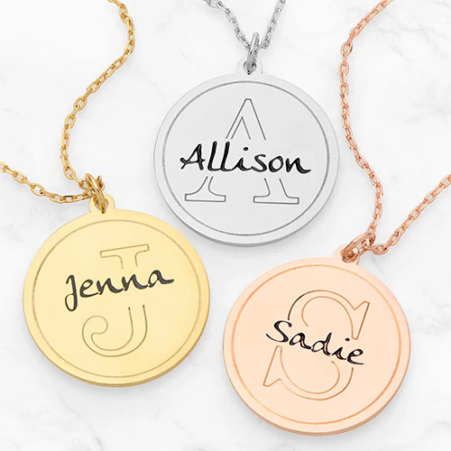 Etched Initial Engraved Name Disc Necklace