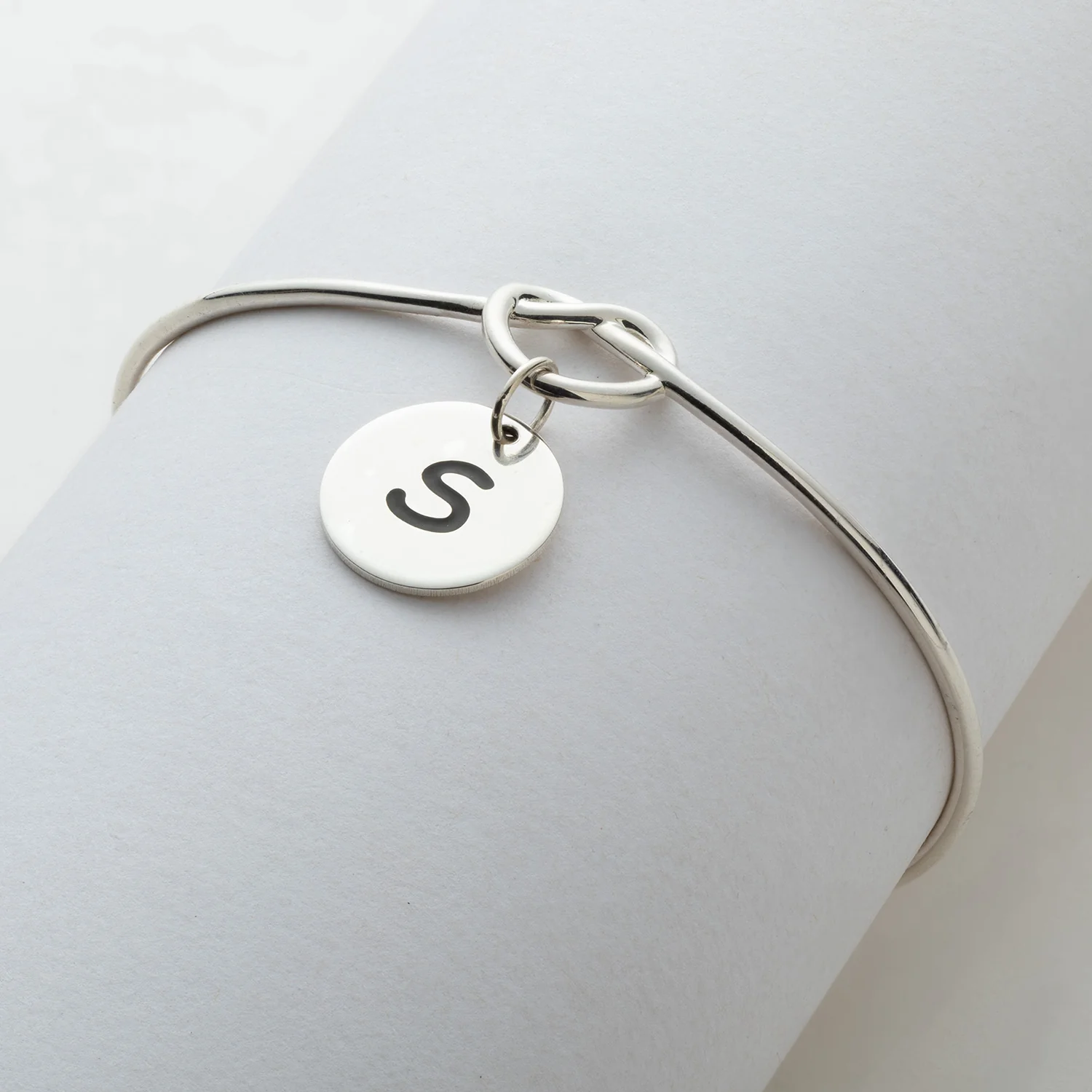 Engraved Initial Disc with Heart Knot Open Cuff Bracelet - Image 2