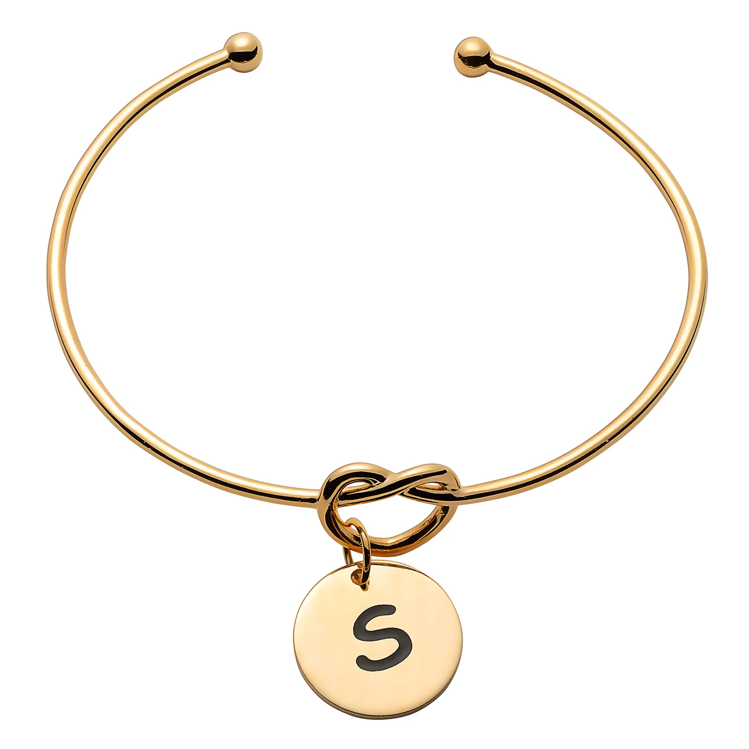 Engraved Initial Disc with Heart Knot Open Cuff Bracelet - Image 3