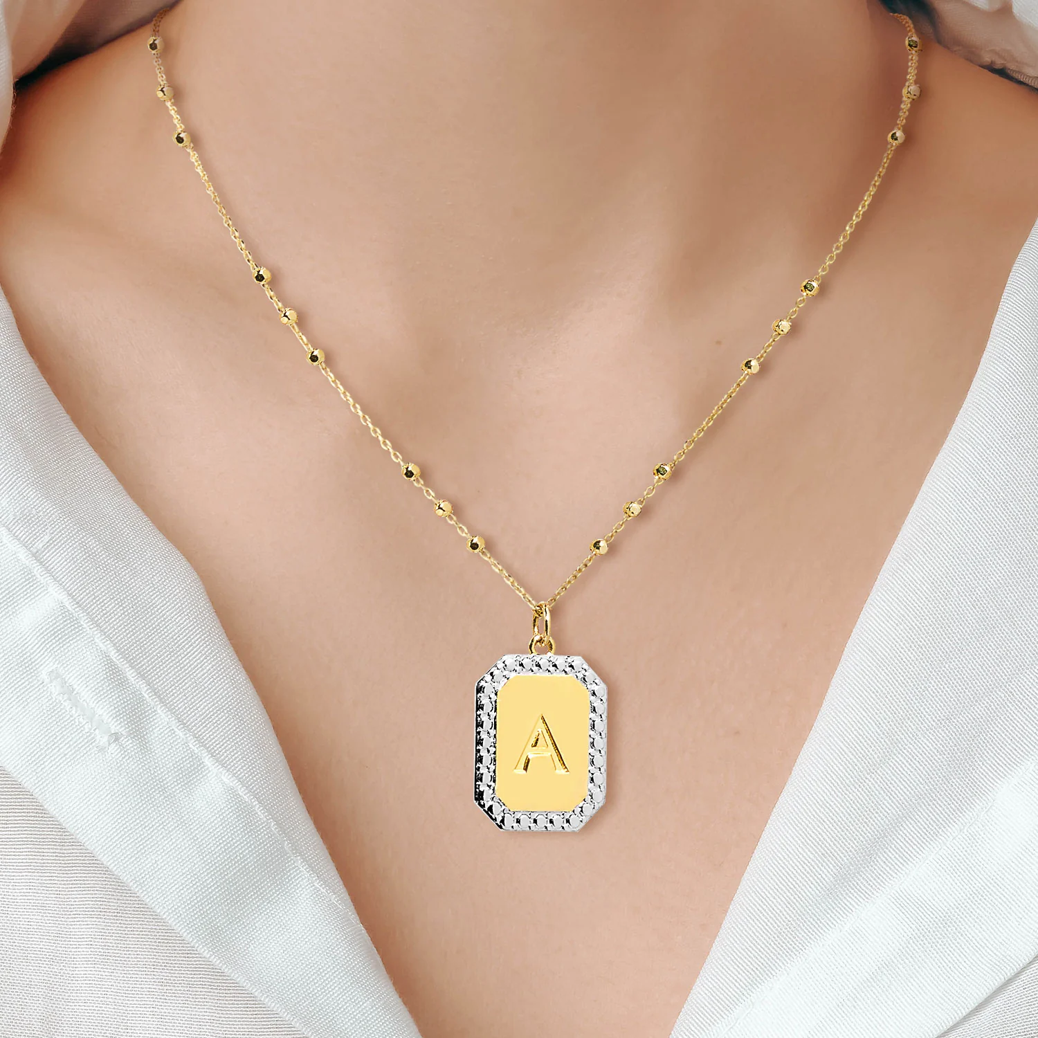 Engraved Initial Tag Beaded Chain Necklace - Image 3