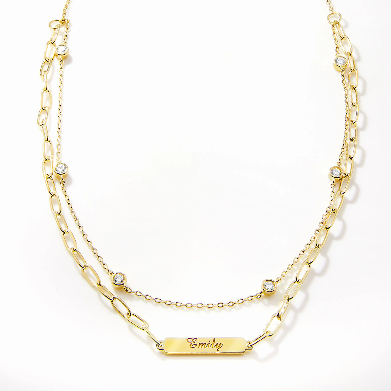 Engraved Plaque and CZ Station Layered Multichain Necklace - Image 3