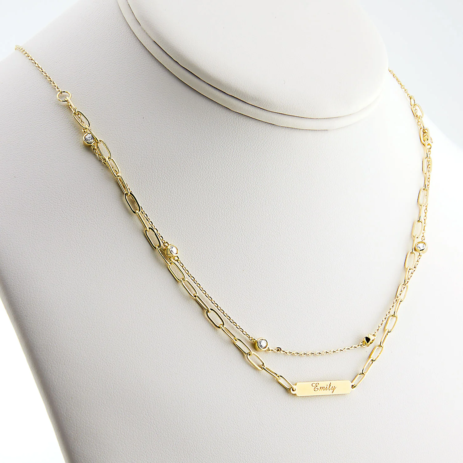 Engraved Plaque and CZ Station Layered Multichain Necklace - Image 6