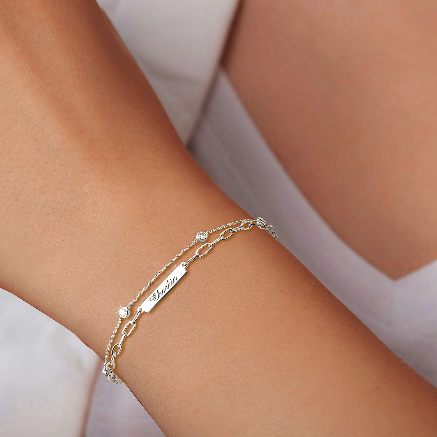 Engraved Plaque and CZ Station Multichain Bracelet - Image 2